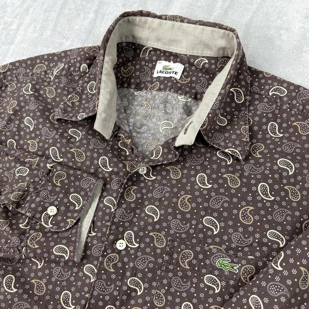 Lacoste Paisley Button Up Shirt Brown Patterned Casual Luxury Men Size 43 Resort